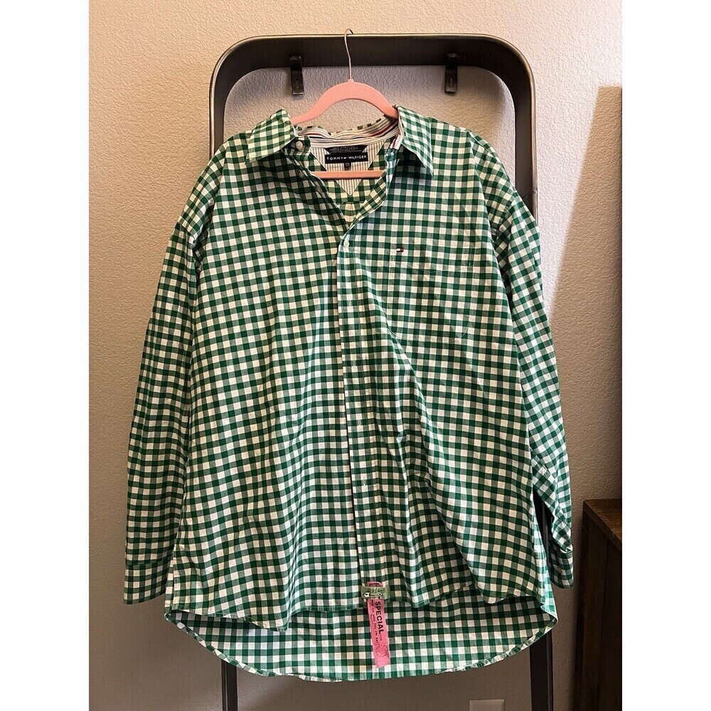Tommy Hilfiger Mens Green Checked Collar LS Button Up Shirt  Sz 2XL